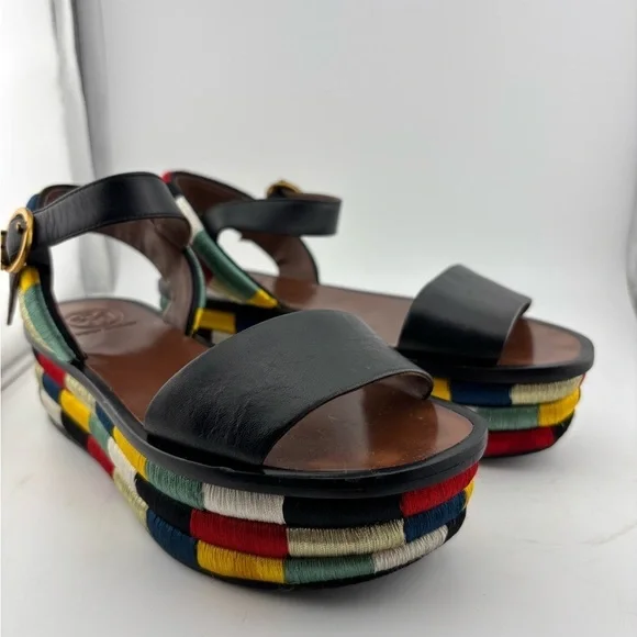 Tory Burch Leather Camilla Embroidered Platform Ankle Strap Sandals Size 5​​​​​ - Picture 2 of 16
